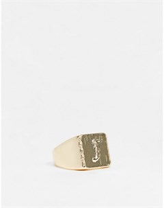 Глянцевое кольцо печатка с буквой J золотистого цвета Asos design