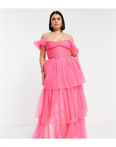 Эксклюзивное ярко розовое платье макси из тюля с открытыми плечами Lace & beads plus