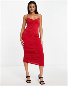 Ярко красное платье миди с бретельками и сборками Asos design