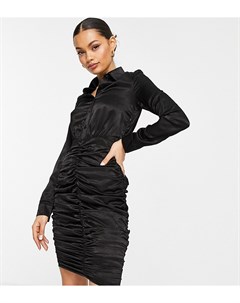 Черное платье рубашка с поясом и присборенной юбкой Club l london petite
