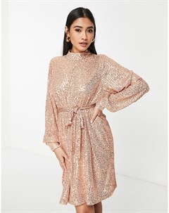 Платье мини с пайетками цвета розового золота и с пышными рукавами на манжетах Pretty lavish