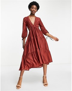 Красное ярусное платье миди из тонкой ткани с кружевной отделкой Asos design