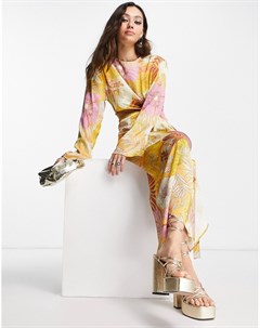Разноцветное платье миди с тропическим цветочным принтом и вырезом Topshop