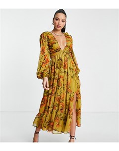Платье миди оливкового цвета с плиссированным лифом шнуровкой сзади и цветочным принтом ASOS DESIGN  Asos tall