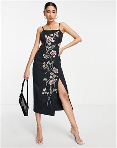 Черное структурированное платье миди с цветочным узором Asos design