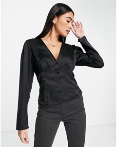 Черная атласная блузка с длинными рукавами и V образным вырезом Vila