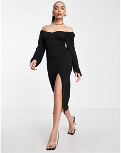 Черное платье мидакси с разрезом и длинными рукавами Missguided