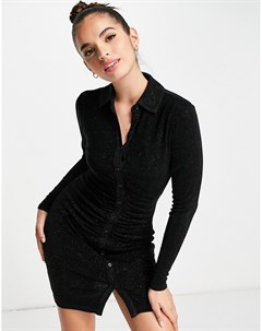 Черное блестящее платье рубашка мини с воротником Forever new