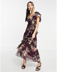 Шифоновое платье миди из ткани добби ягодного цвета с драпировкой цветочным принтом и поясом на тали Asos design