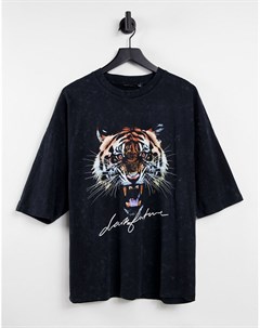 Oversized футболка выбеленного черного цвета с рисунком тигра спереди ASOS Dark Future Asos design