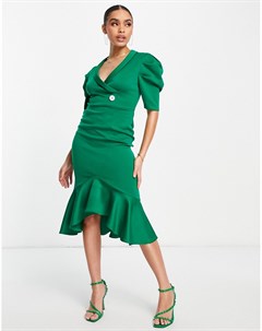 Зеленое платье миди в стиле смокинга с объемными рукавами Asos design