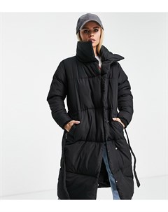 Черное дутое стеганое пальто макси в стиле oversized с поясом Coral Threadbare petite
