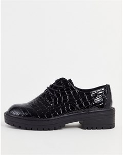 Черные туфли на шнуровке с эффектом крокодиловой кожи Leon Topshop