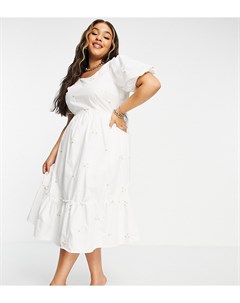 Белое платье миди из органического хлопка с присборенной юбкой и вышивкой Vero moda curve