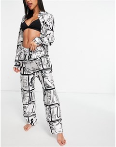 Пижамный премиум комплект с принтом Love Peace из атласной рубашки в стиле oversized и брюк с присбо Asos design