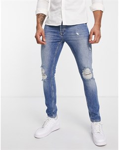 Зауженные эластичные джинсы синего выбеленного цвета со рваной отделкой Topman