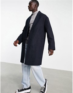 Темно синее пальто свободного кроя из материала с добавлением шерсти Asos design
