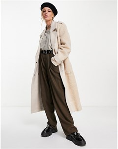 Бежевое пальто в стиле oversized с плюшевыми вставками Object