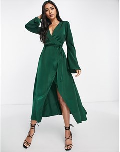 Атласное платье хвойно зеленого цвета кроя по косой с запахом и завязкой на талии Asos design