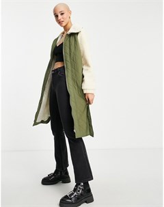 Зеленая удлиненная стеганая куртка с искусственным мехом Pieces