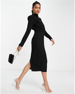 Черное платье миди в рубчик с подплечниками высоким воротом и перекрученной отделкой спереди Asos design