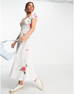 Льняное чайное платье миди на пуговицах с вырезом сердечком со сплошной вышивкой белого цвета Asos design