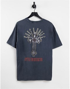 Oversized футболка выбеленного серого цвета с принтом символики группы Guns N Roses на спине Only & sons