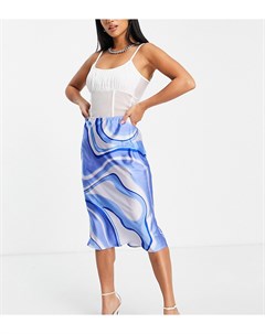 Атласная юбка миди синего цвета с принтом в виде завитков Petite Asos design