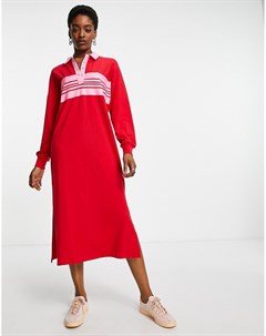 Трикотажное эксклюзивное платье миди с воротником поло в красную полоску Only