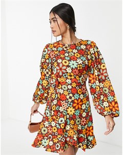 Платье мини с юбкой с запахом поясом и цветочным принтом в стиле ретро Vila