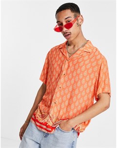 Свободная оранжевая рубашка с отложным воротником принтом пейсли и каймой по нижнему краю Asos design