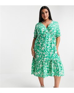 Зеленое платье миди с короткими рукавами цветочным принтом и присборенными манжетами New Look Curve New look plus