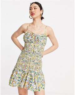 Платье мини из хлопкового поплина на тонких бретелях со сборками на лифе и талии и цветочным принтом Asos design