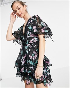 Ярусное платье мини в полоску с объемными рукавами и темным цветочным принтом Asos design