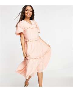 Ярусное креповое платье миди персикового цвета с рукавами фонариками Y.a.s petite