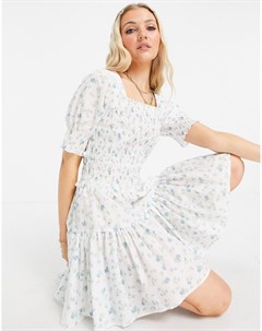 Присборенное приталенное платье мини белого цвета с цветочным принтом расклешенной юбкой необработан Asos design