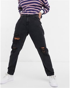 Выбеленные черные джинсы в винтажном стиле со рваной отделкой и завышенной талией Noisy may