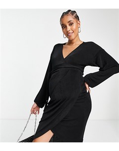 Черное облегающее платье миди из тонкого трикотажа с запахом и пышными рукавами с манжетами ASOS DES Asos maternity