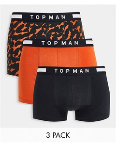 Набор из 3 пар боксеров брифов оранжевого черного цвета и с леопардовым принтом Topman