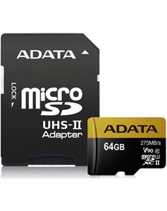 Флеш карта microSD 64GB Premier ONE microSDXC Class 10 UHS II U3 V90 275MB s SD адаптер AUSDX64GUII3 Adata