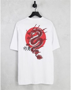 Белая футболка в стиле oversized с принтом дракона на спинке Selected homme