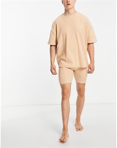 Коричневый однотонный пижамный комплект из oversized футболки и шортов Asos design