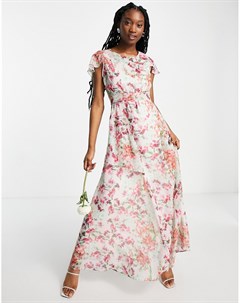 Платье макси с расклешенными рукавами оборками и цветочным принтом кремового цвета и цвета фуксии Hope & ivy