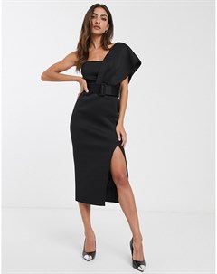 Черное платье миди на одно плечо с поясом Asos design