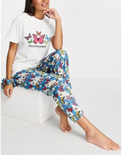 Пижамный комплект из oversized футболки брюк и резинки для волос с принтом бабочек Daisy street