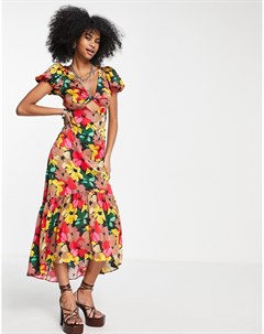 Платье миди с ярким цветочным принтом и завязкой спереди Topshop