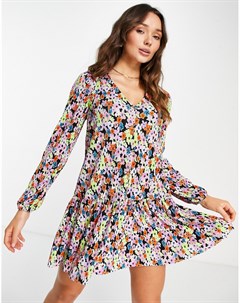 Плиссированное платье мини с длинными рукавами V образным вырезом и ярким цветочным принтом Asos design