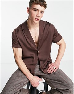 Атласная коричневая рубашка с запахом на одной пуговице Asos design