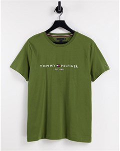 Темно зеленая классическая футболка с логотипом Tommy hilfiger