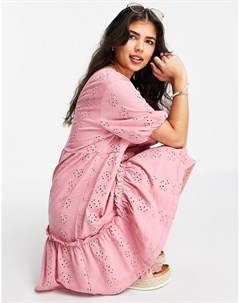 Розовое платье с присборенной юбкой V образным вырезом вышивкой ришелье и пышными рукавами Asos design